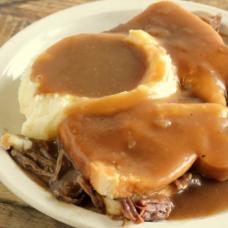 SMOTHERED HOT BEEF SANDWICH AND MASHED POTATOES