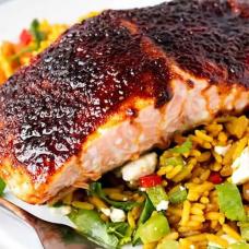 SUGR AND SPICE SALMON W/ VEGETABLE YELLOW RICE AND FETA